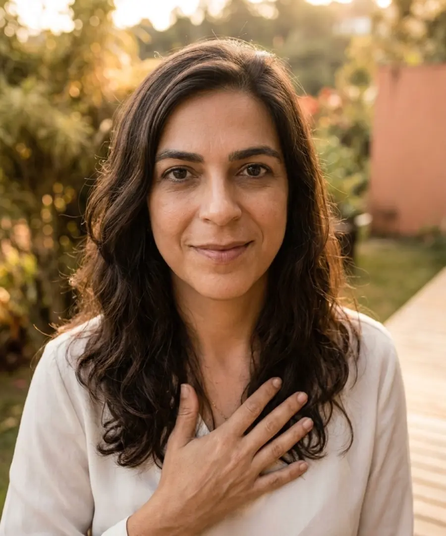 Márcia Regina em retrato caloroso, com a mão no peito, ao entardecer no jardim