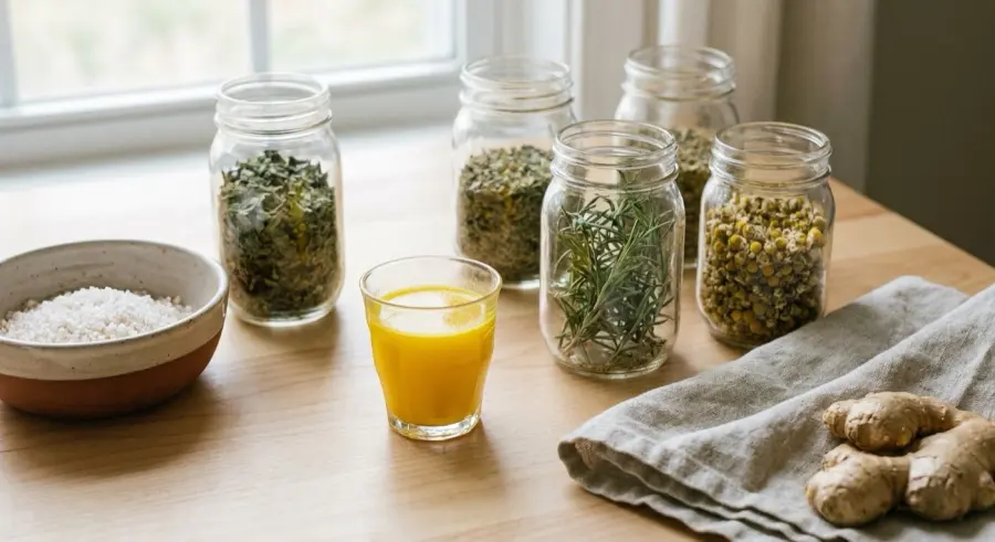 Shot matinal de limão, cúrcuma e gengibre com os potes de ervas da farmácia natural