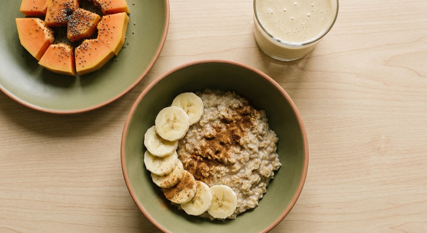 Café da manhã leve da Semana 1: mingau de aveia com banana e canela, mamão com chia