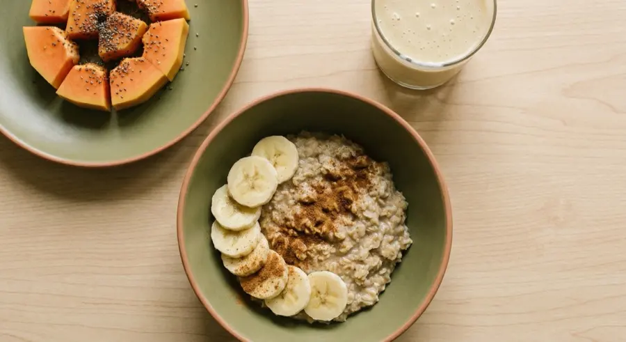 Café da manhã leve da Semana 1: mingau de aveia com banana e canela, mamão com chia