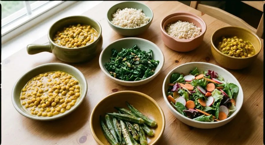 Prato variado da Semana 2: grão-de-bico com cúrcuma, couve refogada, quiabo e salada colorida