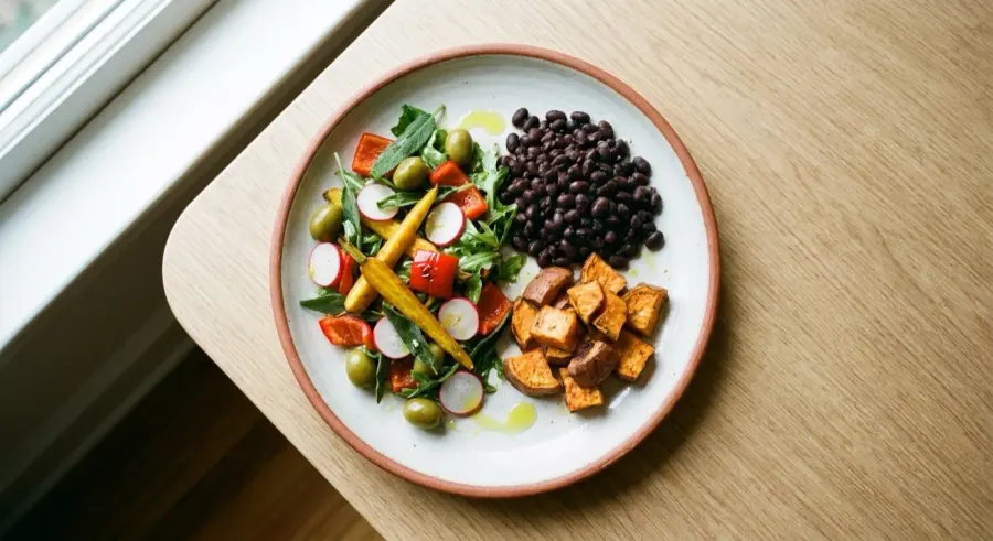 Prato montado pela regra do prato na Semana 3: salada, feijão preto e batata-doce