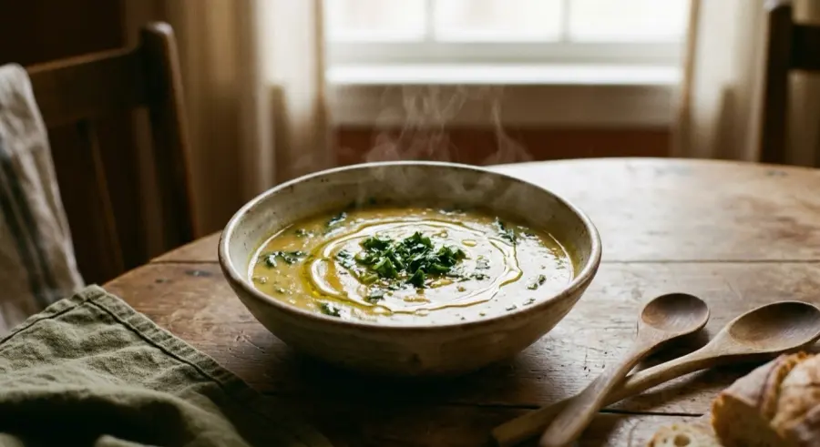 Jantar reconfortante e leve da Semana 4: caldo cremoso quentinho com azeite e cheiro-verde